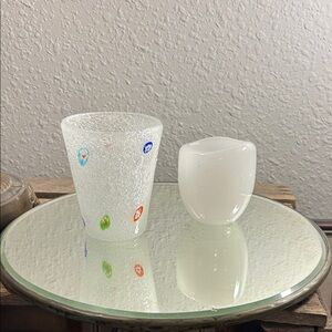 Small White Glass Tumbler with colorful design and White Vase/candle holder Set